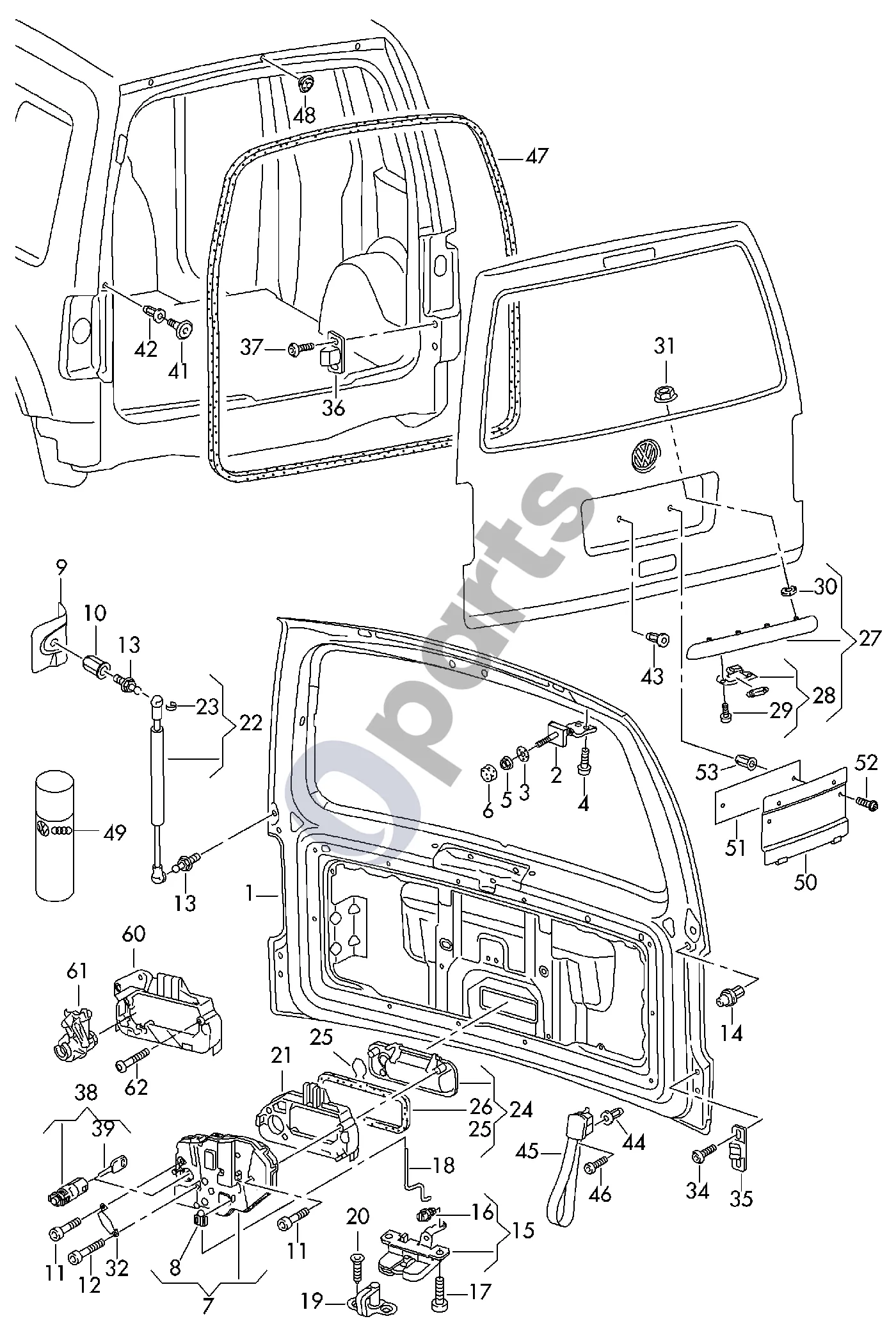 Volkswagen Caddy (2004–2010) Galinis dangtis schema – pozicija 28: Numerio apšvietimo žibintas