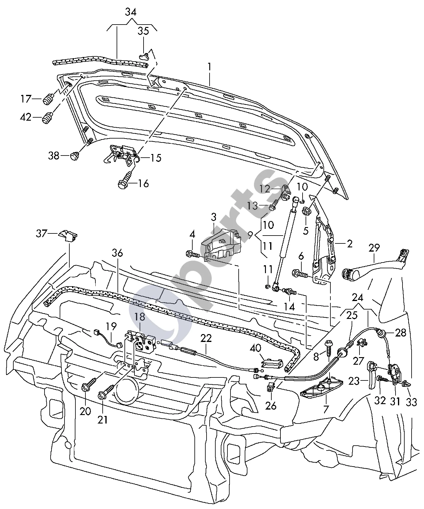 Volkswagen Caddy (2004–2010) Variklio dangčio užraktas schema – pozicija 31: Kronšteinas