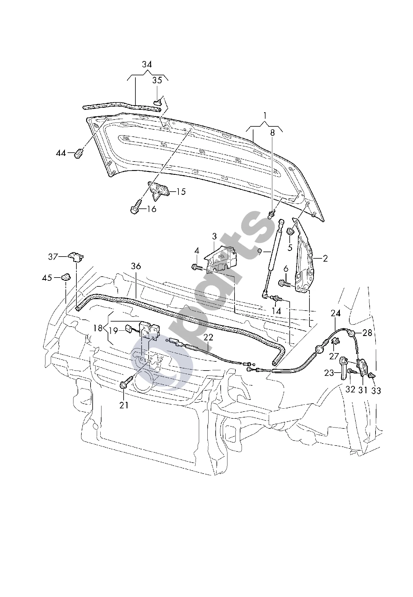 Volkswagen Caddy (2015–2020) Variklio dangtis schema – Variklio dangčio sandariklis