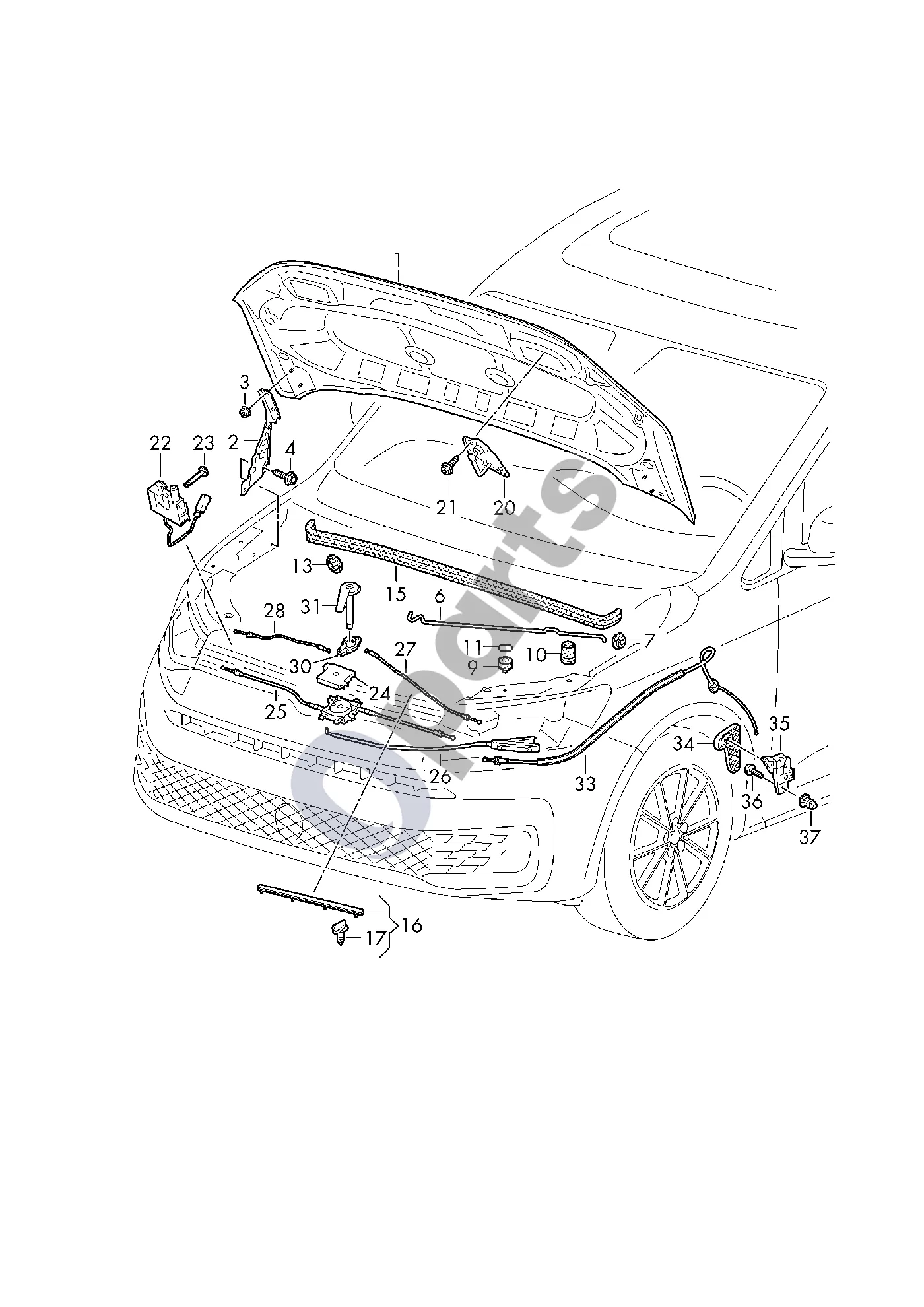 Volkswagen Caddy (2020–) Variklio dangtis schema – pozicija 15: Vandens dėžės sandariklis