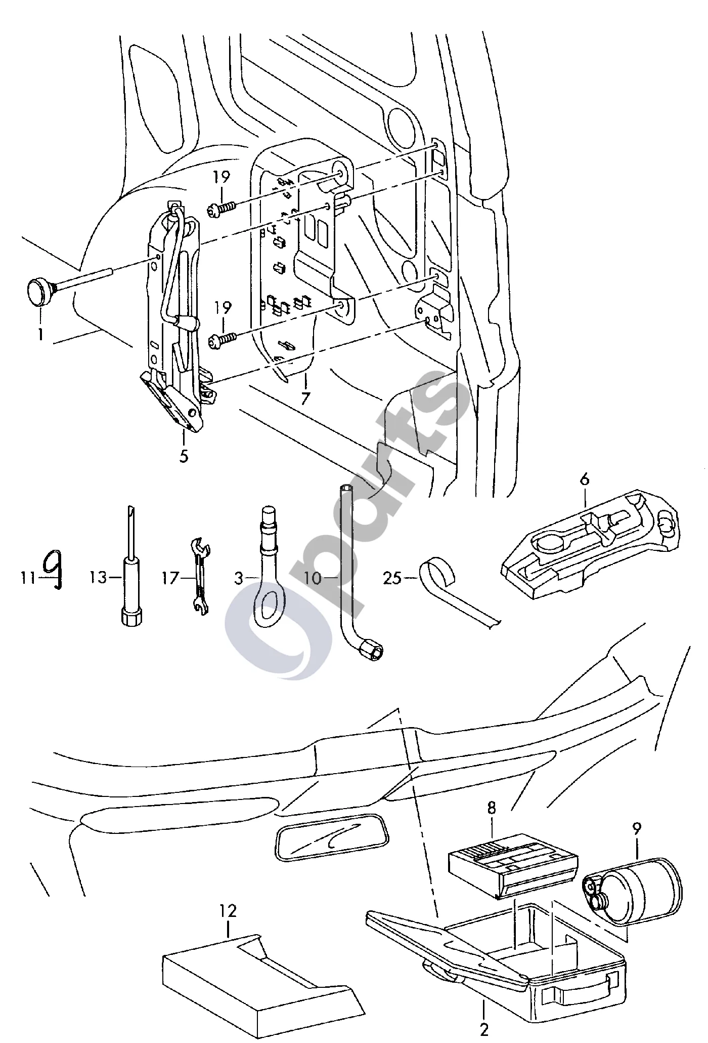 Volkswagen Caddy (2011–2016) Domkratas; įrankis schema – pozicija 5: Domkratas