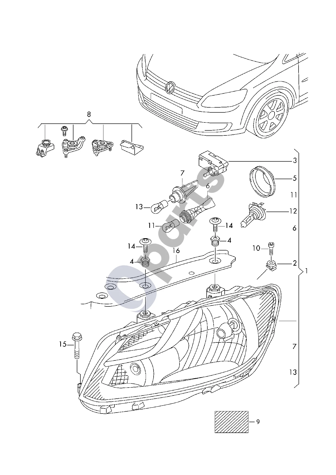 Volkswagen Caddy (2011–2016) Halogeninis žibintas schema – pozicija 6: Lemputės lizdo laikiklis; Dienos ir gabaritinėms šviesoms; Lemputei