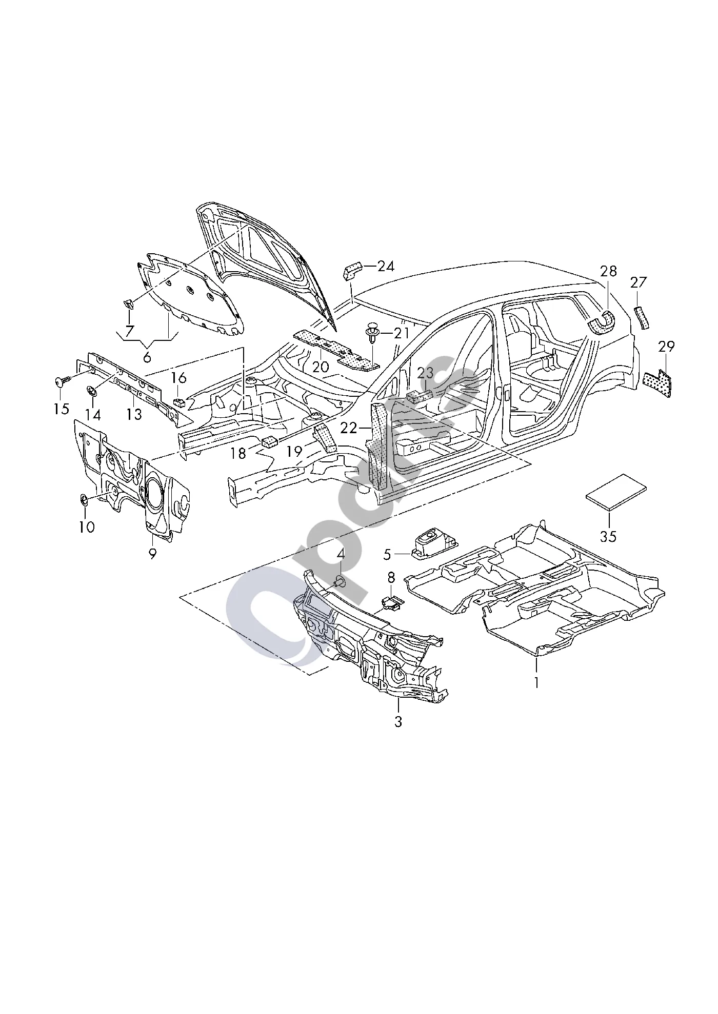 Volkswagen e-Golf (2014–) Garso slopintuvas schema – pozicija 22: Sparno izoliacija; Uždarymo elementas