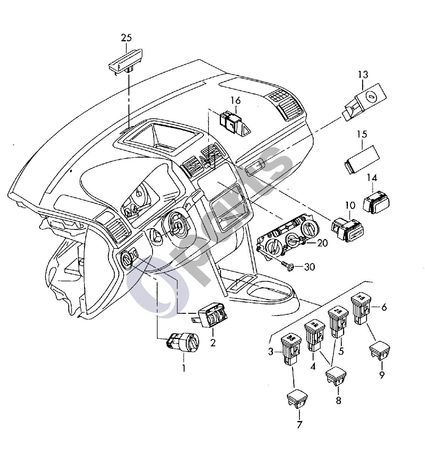 Volkswagen Eos (2006–2010) Apšvietimo jungiklis schema – pozicija 25: Saulės jutiklis