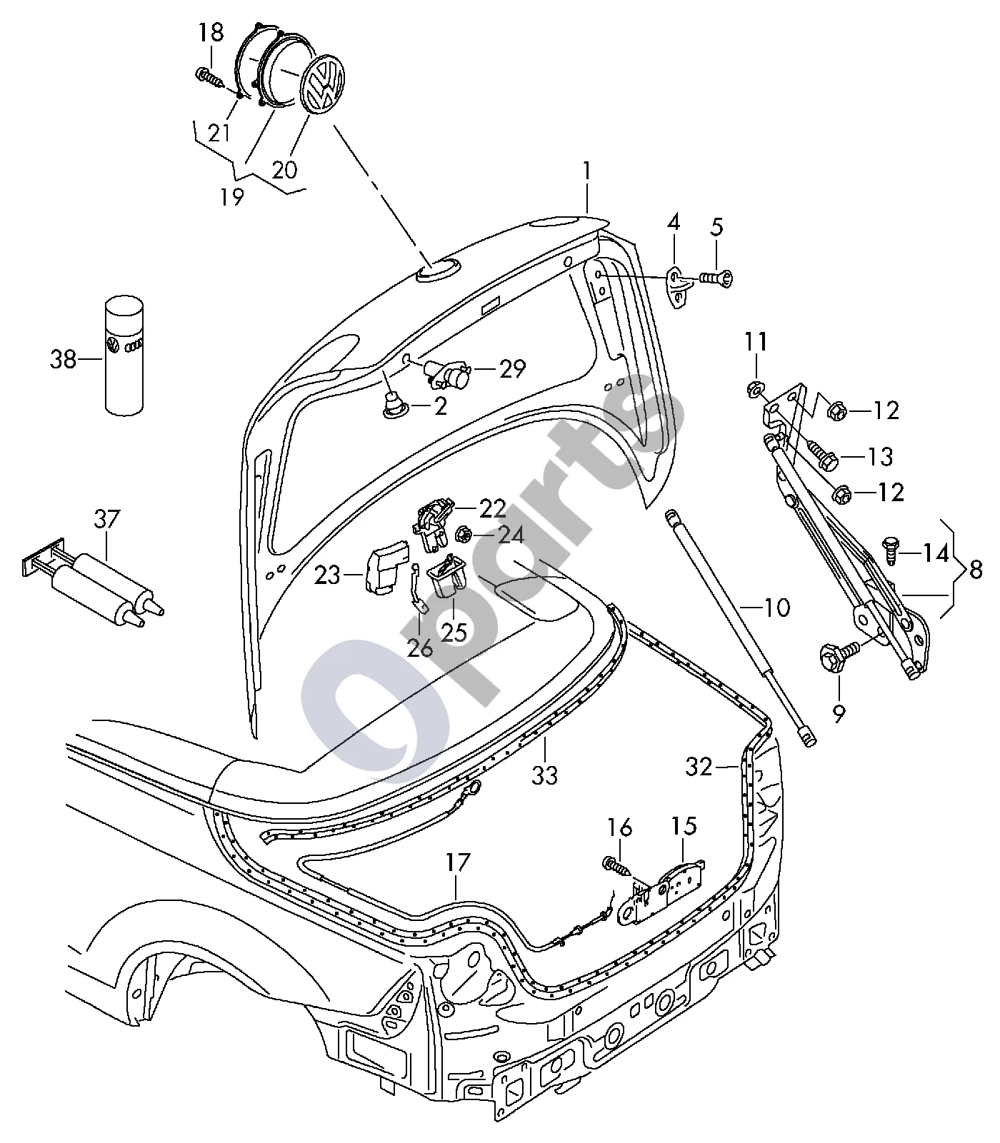 Volkswagen Eos (2006–2010) Galinis dangtis schema – pozicija 17: Avarinio atrakinimo įtaisas