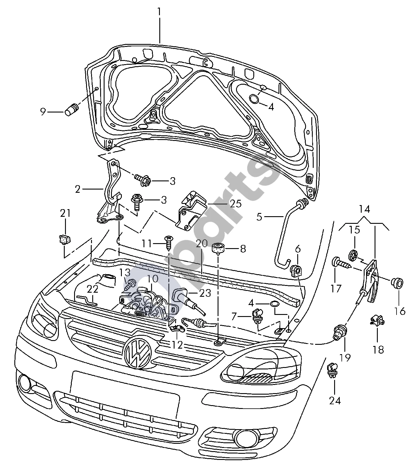 Volkswagen Fox Variklio dangtis schema – pozicija 13: Varžtas su vidine daugiabriaune galvute