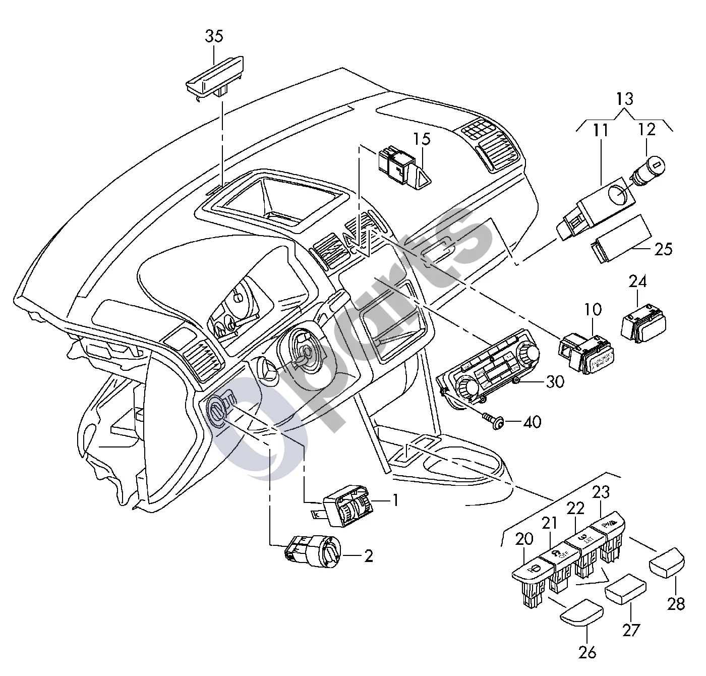 Volkswagen Golf Plus (2005–2013) Apšvietimo jungiklis schema – pozicija 35: Saulės jutiklis
