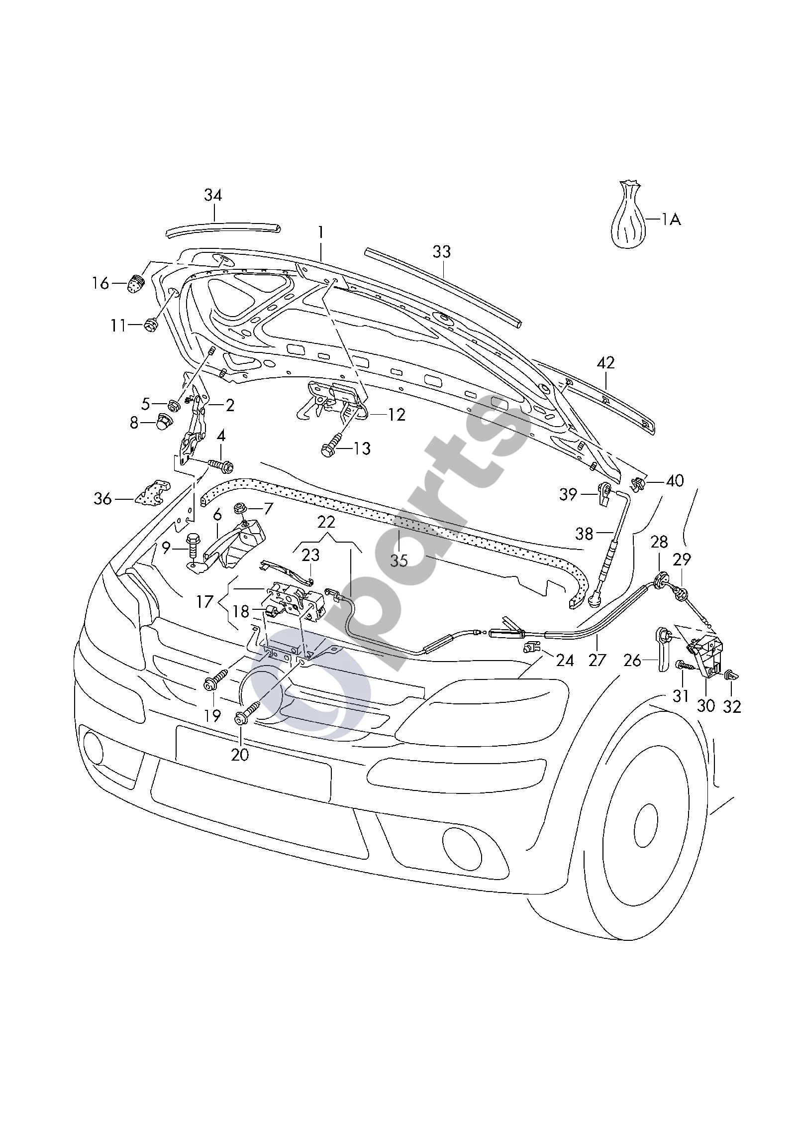 Volkswagen Golf V (2003–2009) Sklendė schema – pozicija 22: Dangčio spynos trosas