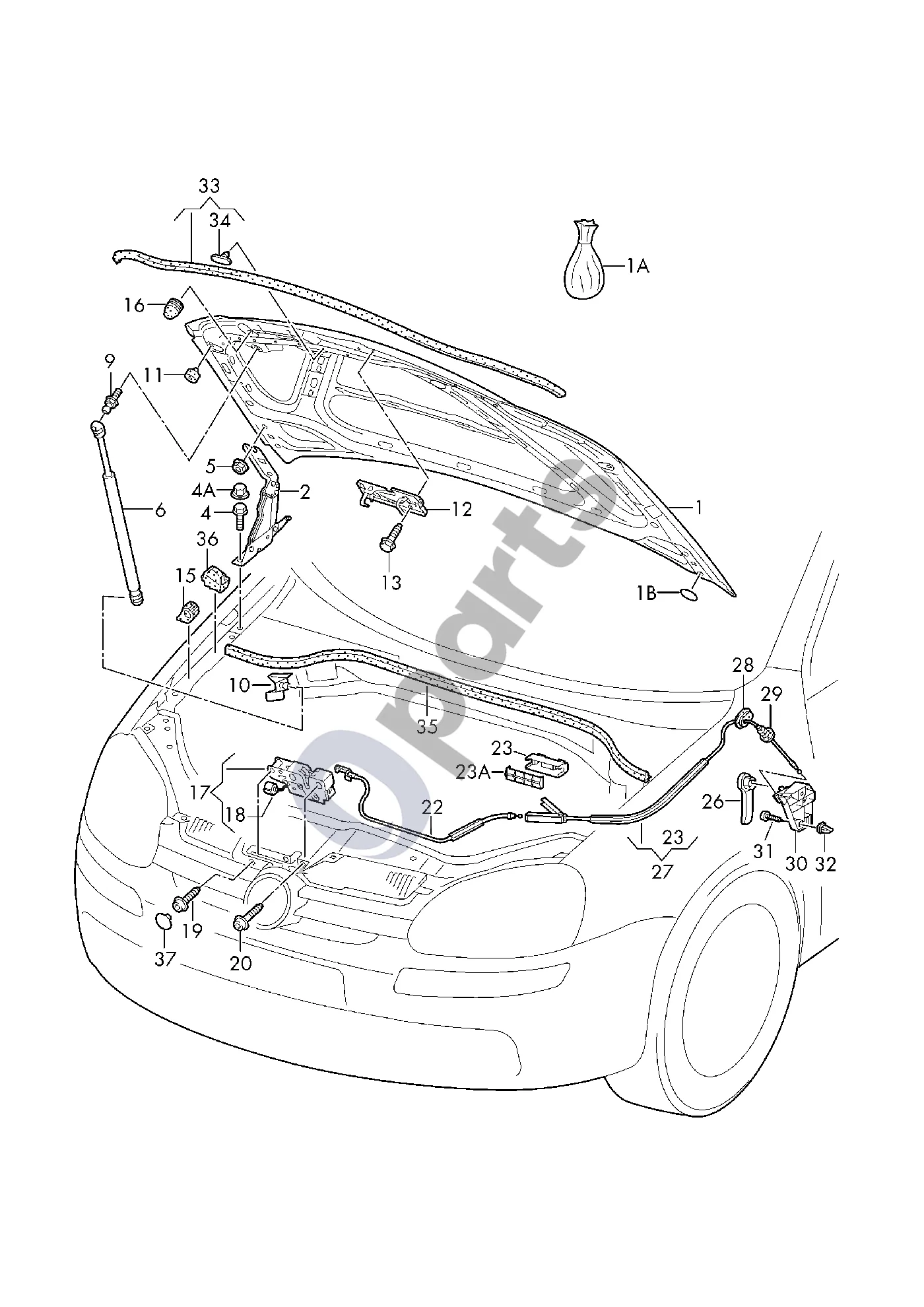 Volkswagen Golf V (2003–2009) Variklio dangtis schema – pozicija 22: Dangčio spynos trosas