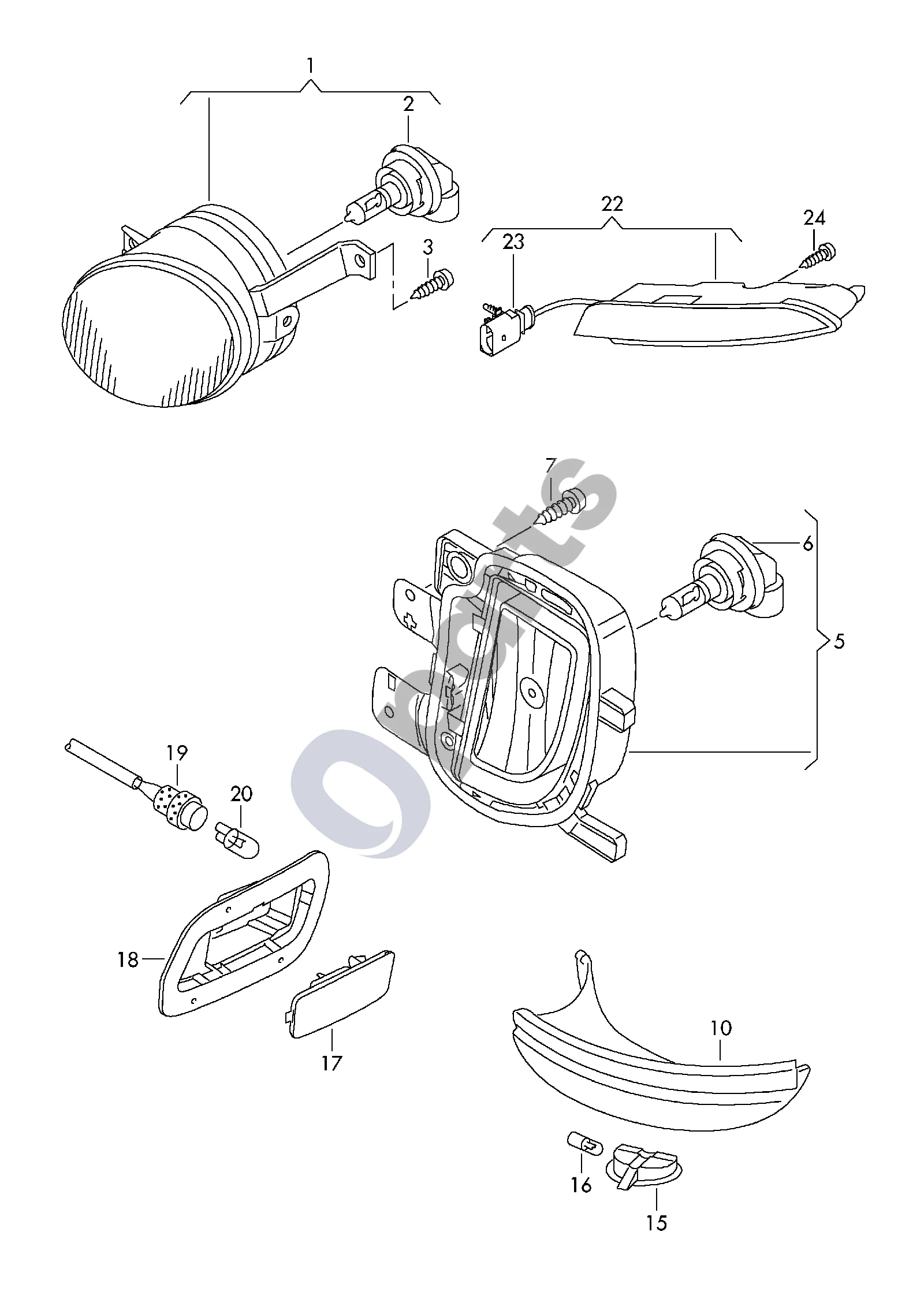 Volkswagen Golf VI (2008–2013) Halogeninis rūko žibintas schema – pozicija 10: Posūkio signalo žibintas