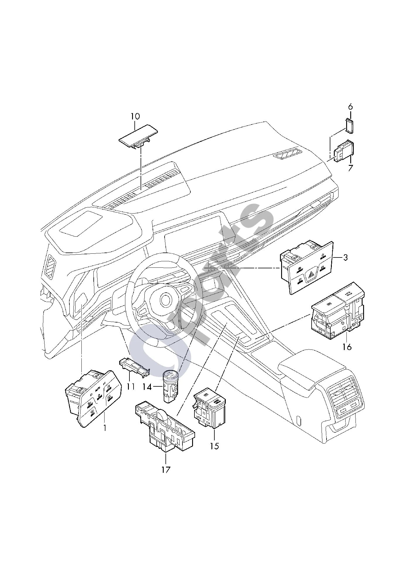 Volkswagen Golf VIII (2019–) Apšvietimo jungiklis schema – pozicija 10: Saulės spinduliuotės fotojutiklis