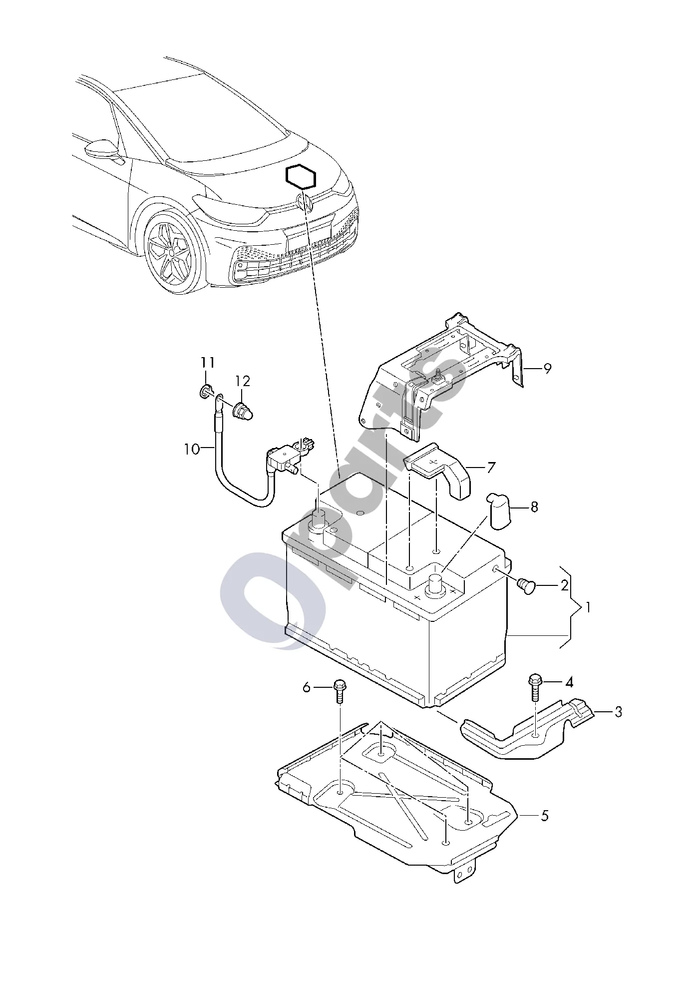 Volkswagen ID.3 (2019–) Akumuliatorius schema – pozicija 1: Akumuliatorius, užpildytas ir įkrautas; (AGM akumuliatorius)