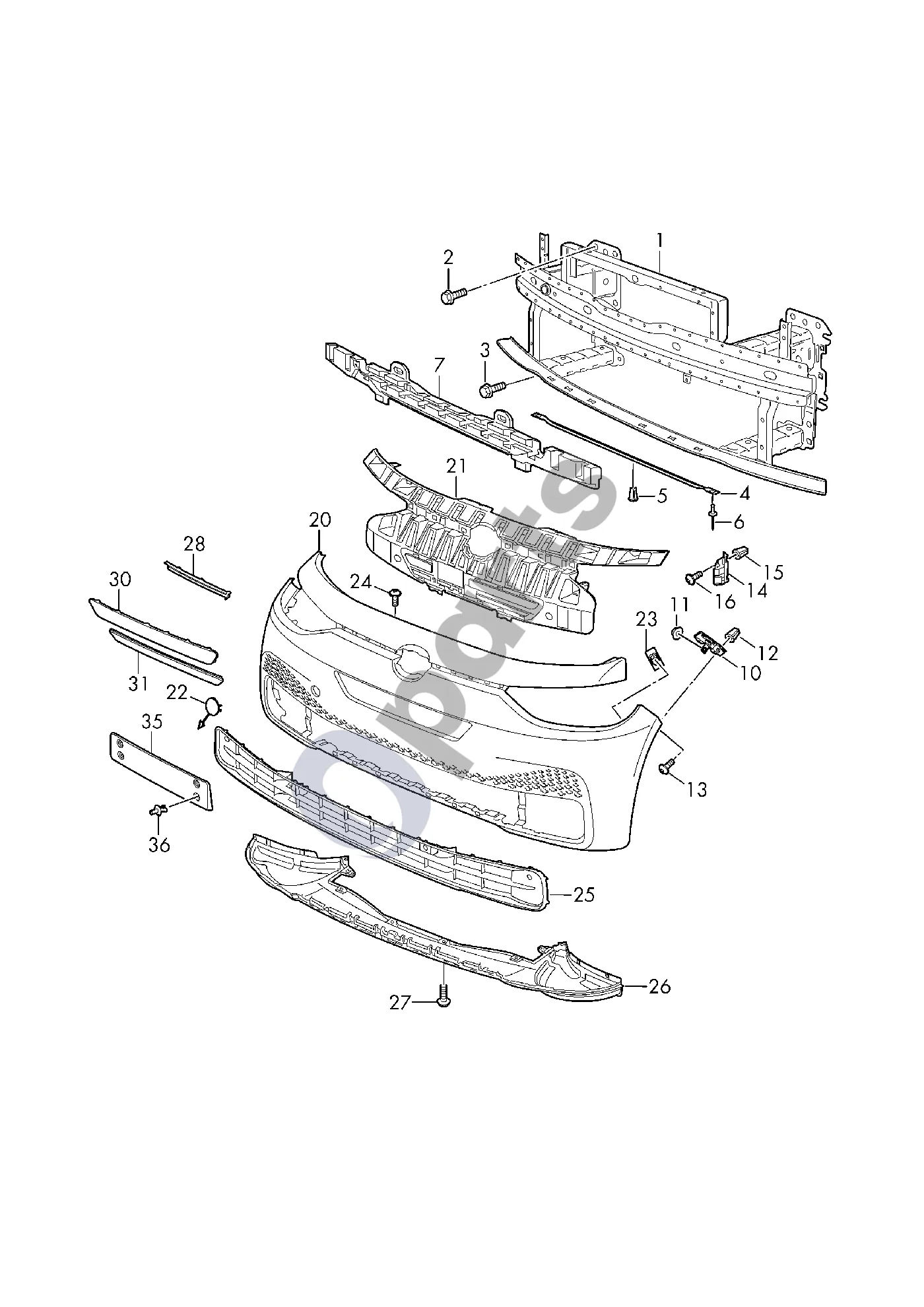 Volkswagen ID.3 (2019–) Bamperis schema – pozicija 1: Šoninis sutvirtinimas; bamperis; naudoti, jei reikia