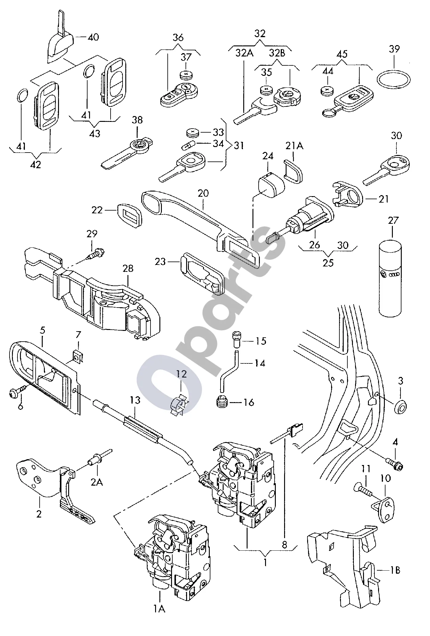 Volkswagen Lupo (1998–2005) Durų spyna schema – Spynos cilindras su raktais ir korpusu; * negalima naudoti vieno rakto * užrakinimo sistemai * atkurti !!