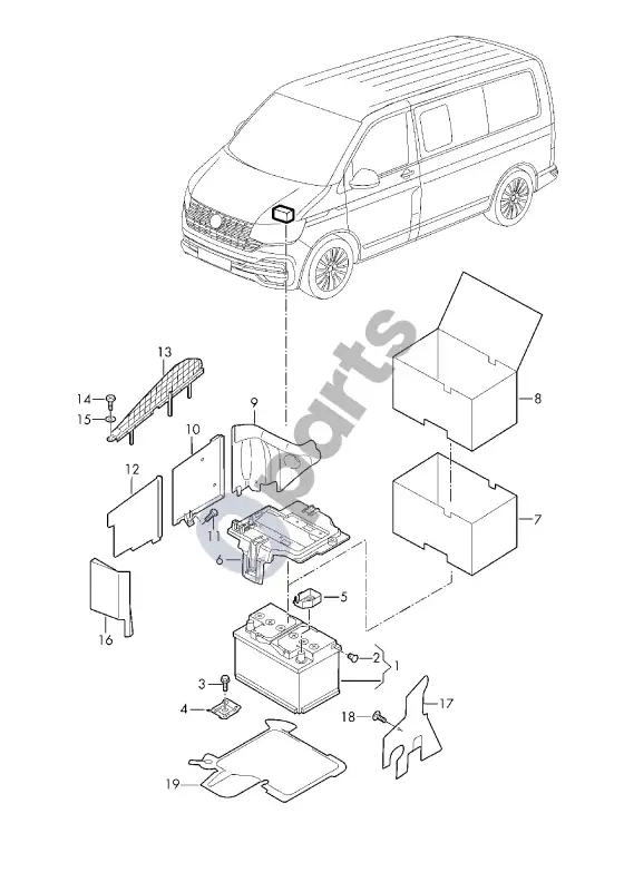 Volkswagen Multivan T6 akumuliatorius; variklio skyrius – schema