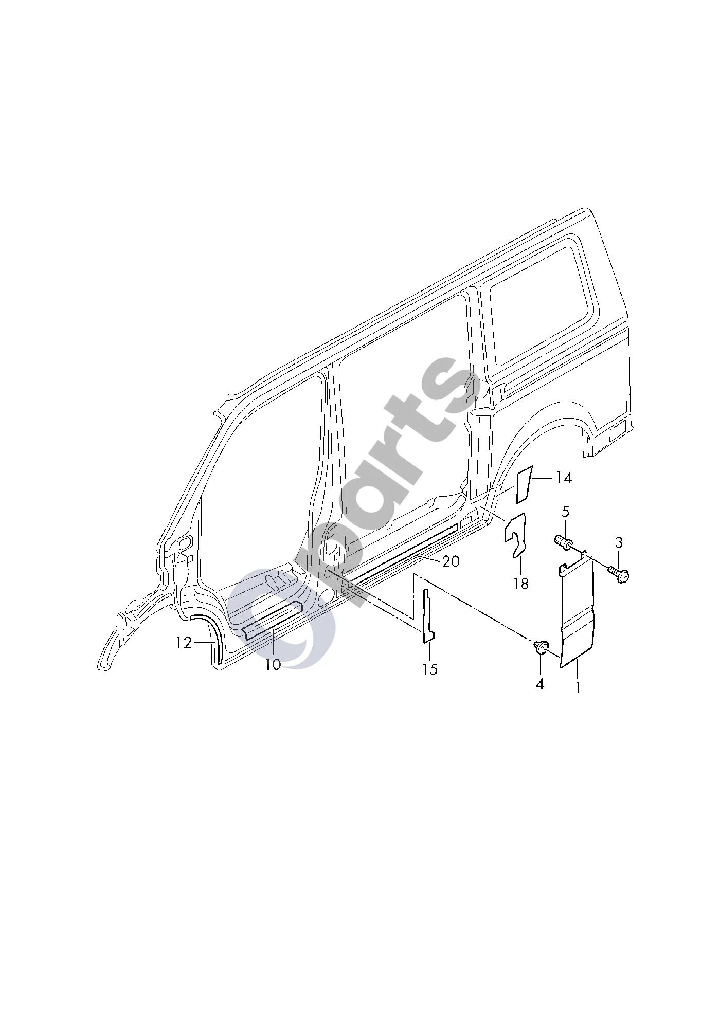 Volkswagen Multivan T6 (2015–) B statramsčio apdaila schema – pozicija 10: Slenksčio apdailos juostelė (lipni)
