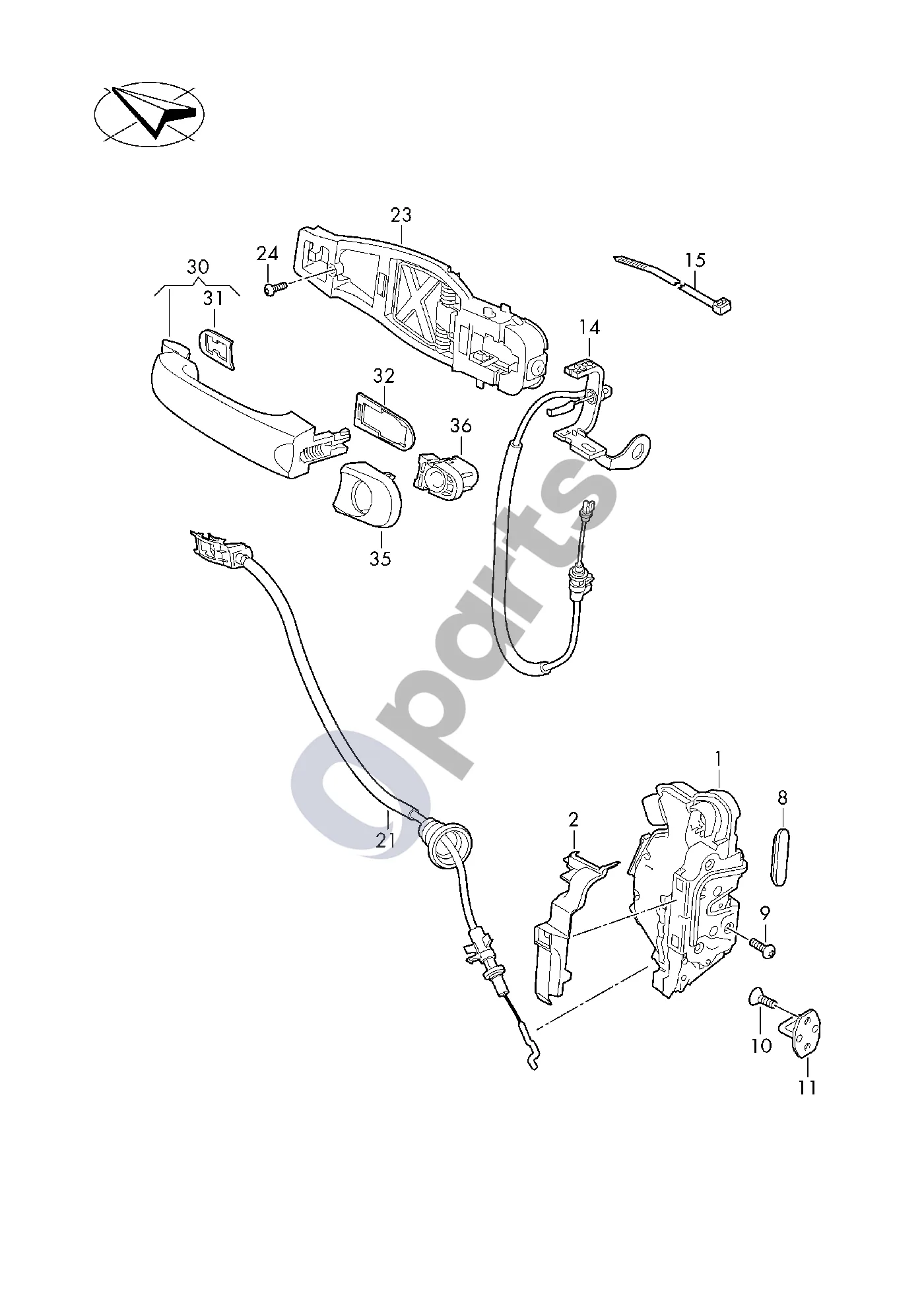 Volkswagen Multivan T6 (2015–) Durų spyna; durų rankenėlė schema – Bowdeno troselis