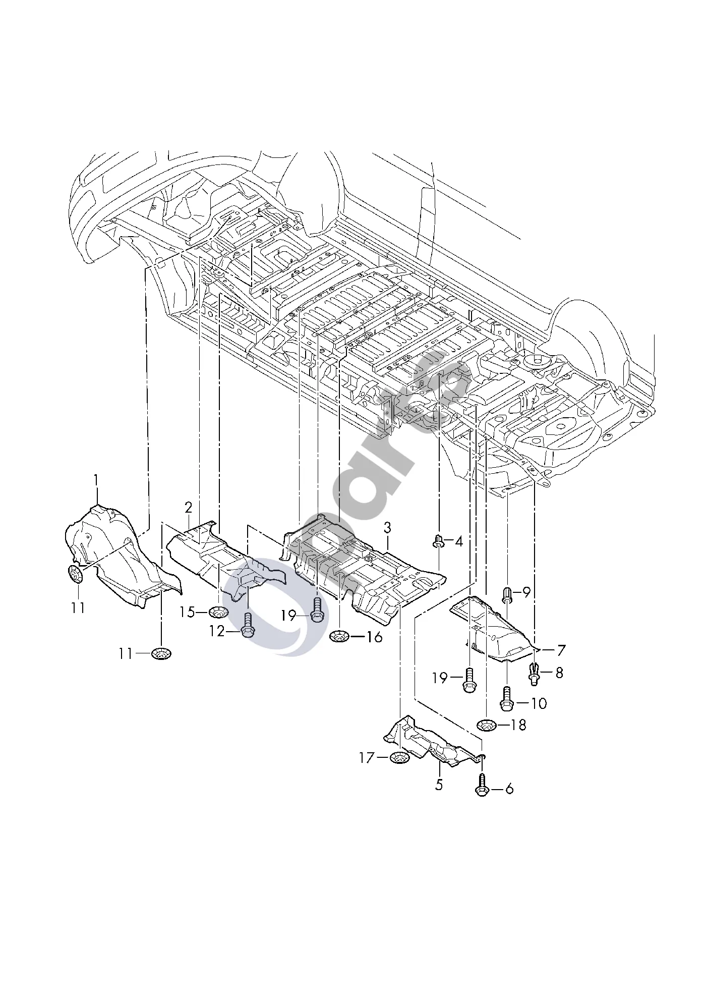 Volkswagen Multivan T6 (2015–) Šilumos skydas schema – pozicija 5: Tunelio šilumos skydas