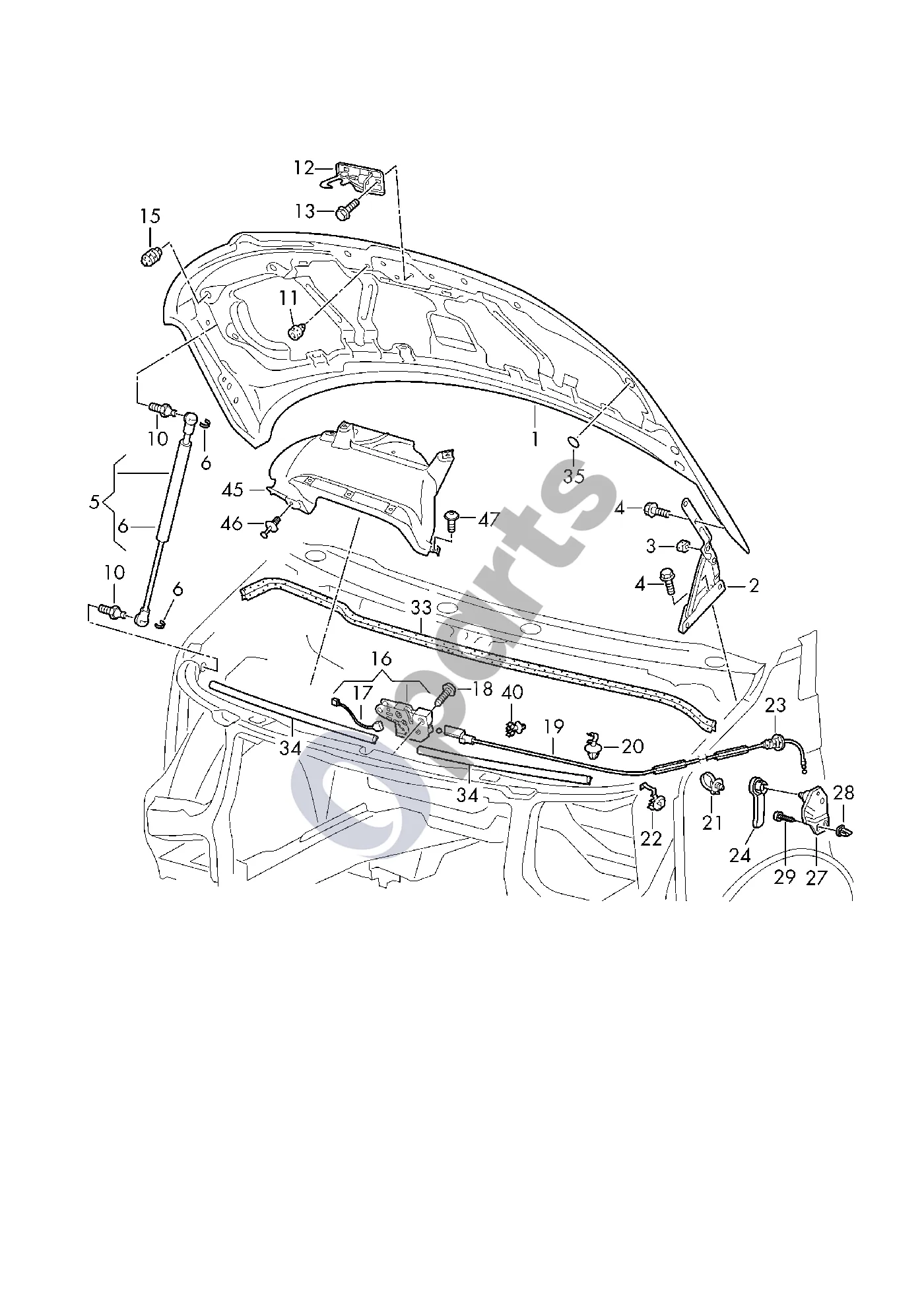 Volkswagen Multivan T6 (2015–) Variklio dangtis schema – pozicija 15: Ribotuvo buferis