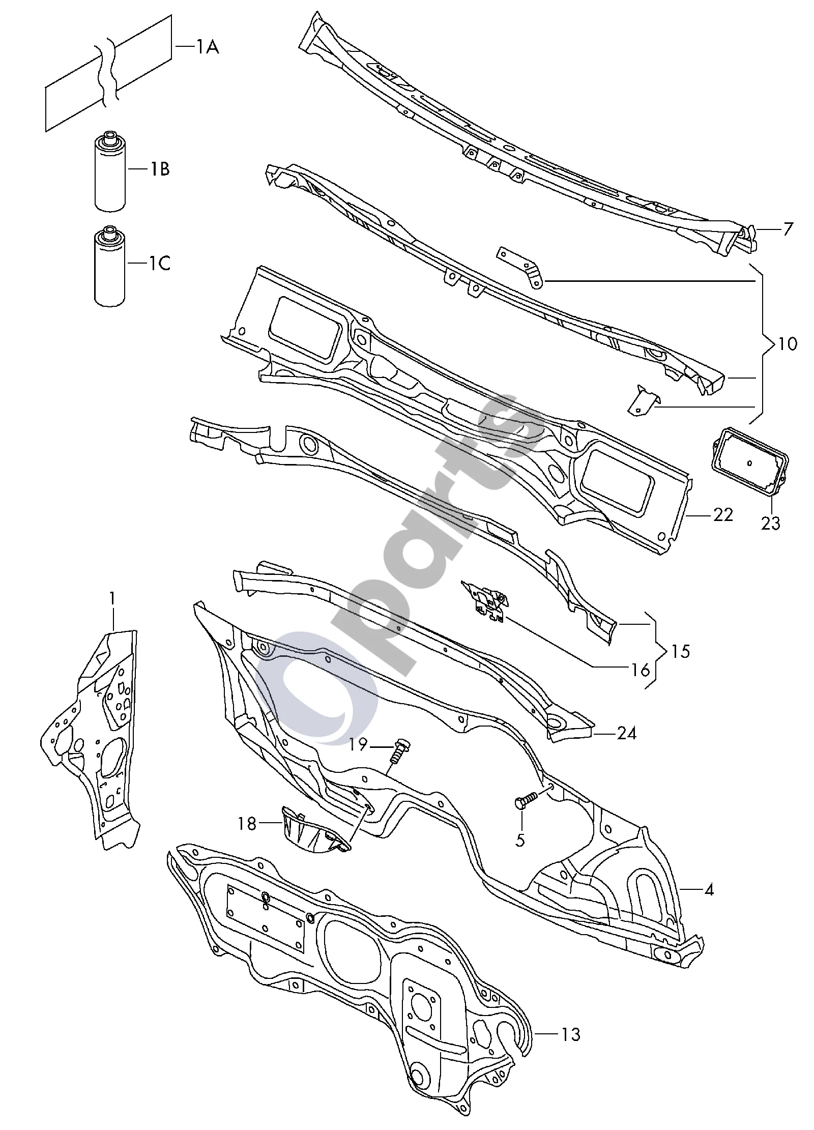 Volkswagen Passat B6 (2005–2010) Skersinė plokštė schema – pozicija 23: Dangtelis; Vandens surinkimo dėžė