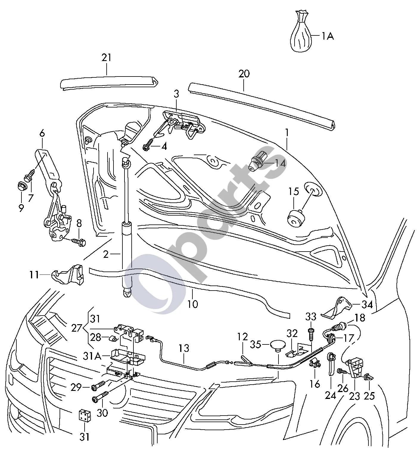 Volkswagen Passat B6 (2005–2010) Variklio dangtis schema – pozicija 32: Fiksavimo laikiklis