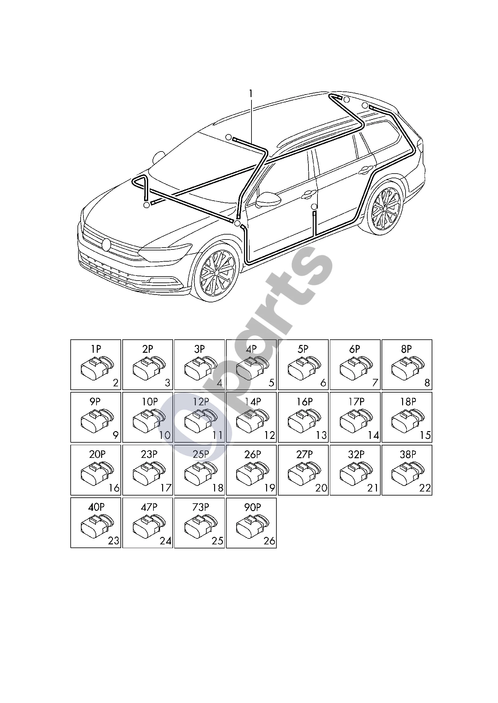 Volkswagen Passat B8 (2015–2023) Salono laidų pynė schema – Plokščių kontaktų jungties korpusas su kontaktų fiksavimo mechanizmu; LED galinis žibintas