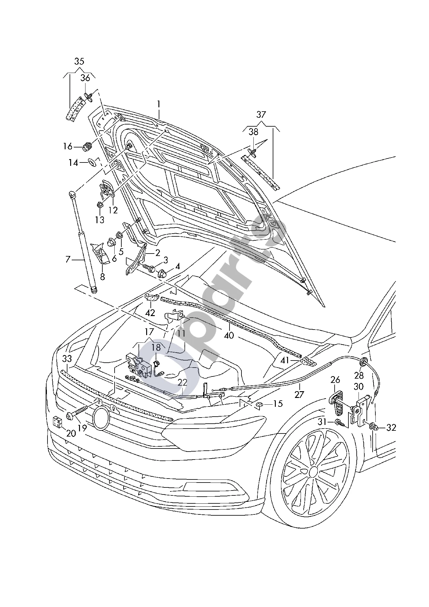 Volkswagen Passat B8 (2015–2023) Variklio dangtis schema – pozicija 7: Dujinė atrama