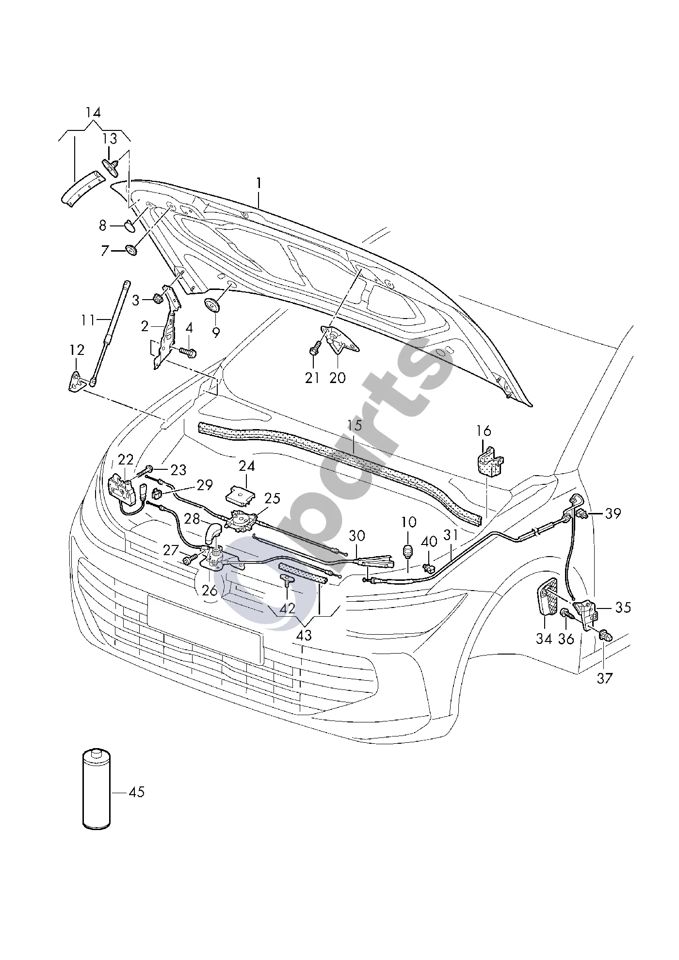 Volkswagen Passat B9 (2023–) Variklio dangtis schema – pozicija 26: Atlaisvinimo elementas