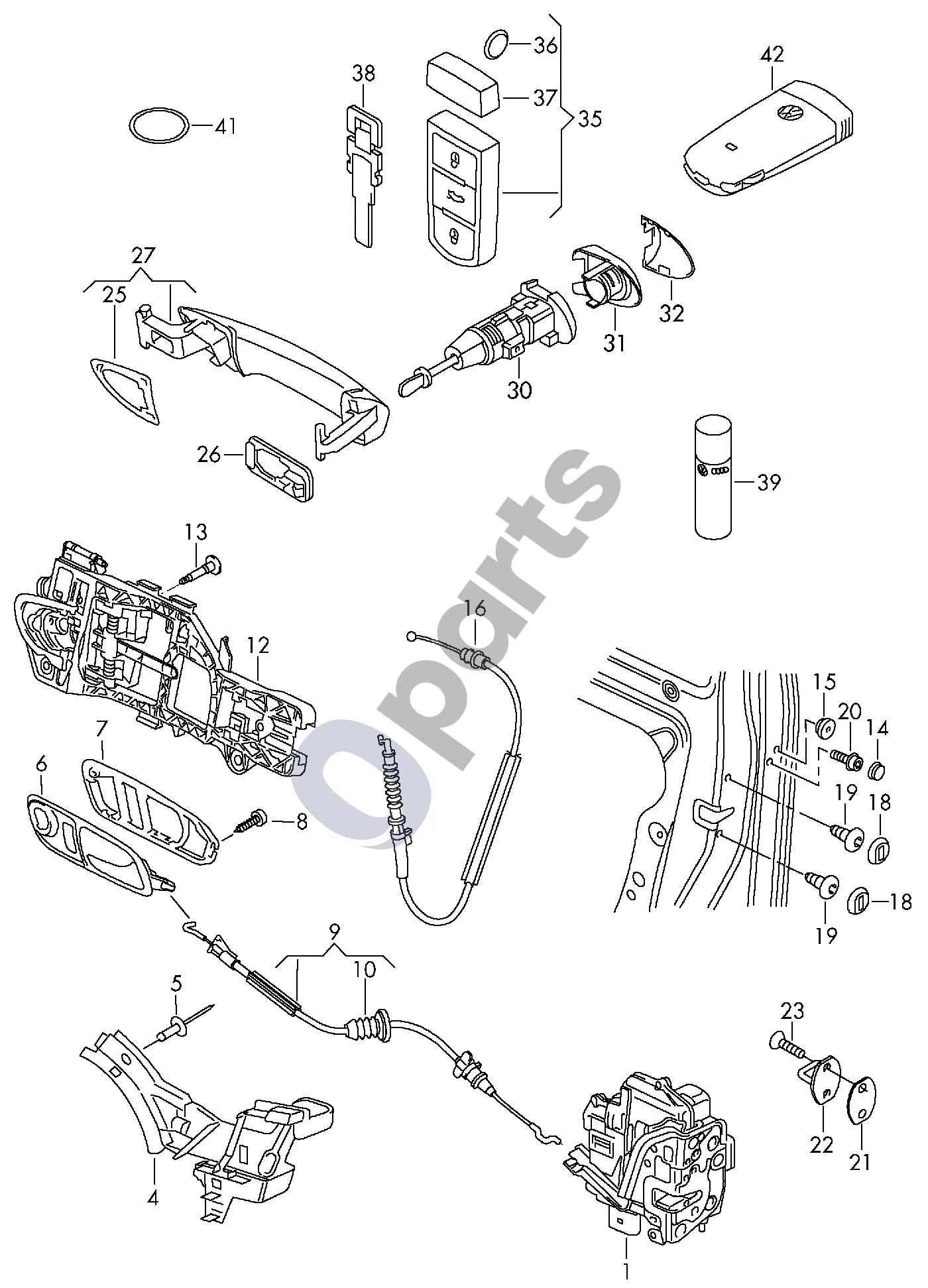 Volkswagen Passat CC (2008–2016) Durų spyna schema – Bowden troselis
