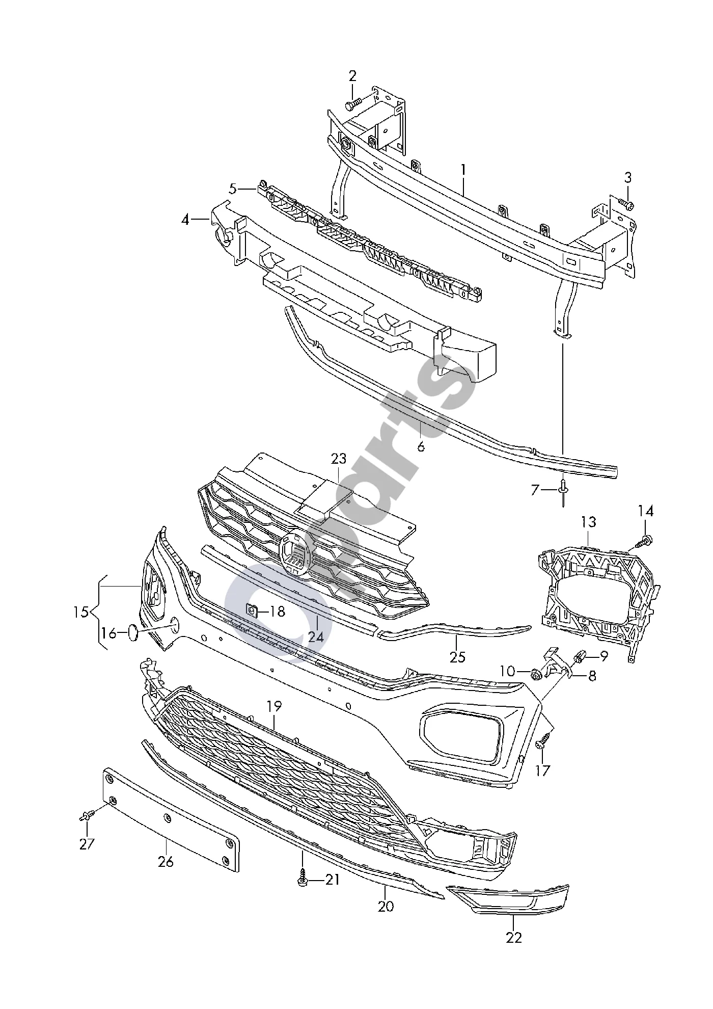 Volkswagen T-Roc (2017–2025) Bamperis schema – pozicija 1: Bamperio laikiklis