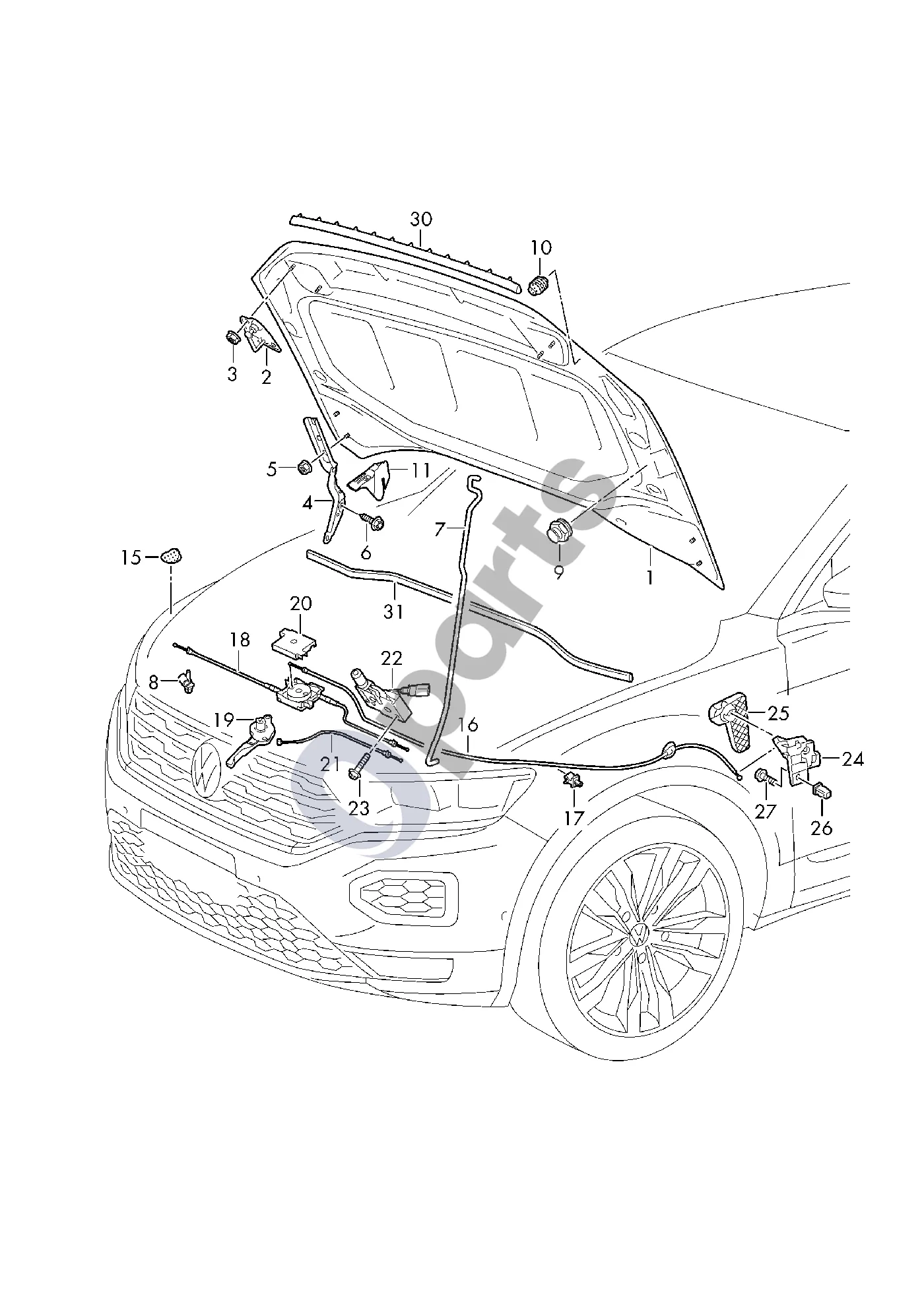 Volkswagen T-Roc (2017–2025) Variklio dangtis schema – pozicija 19: Sankabos išjungimo svirtis