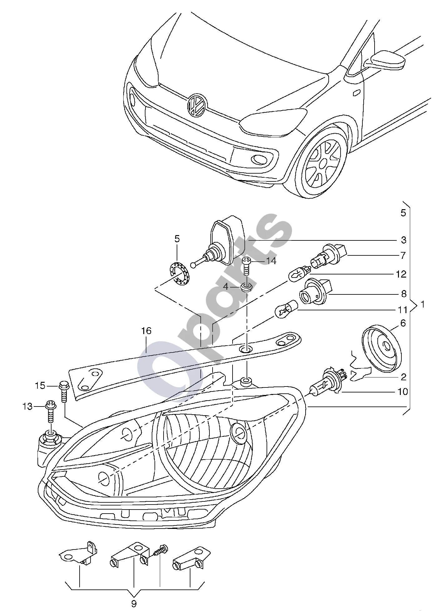 Volkswagen Up (2011–) Halogeninis žibintas schema – Halogeniniai priekiniai žibintai; (tik dešiniojo eismo šalims)
