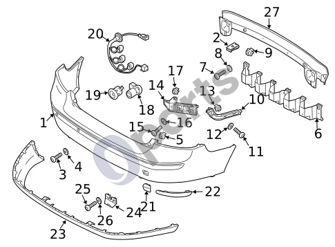 Volvo S40 (2004–2007) Bamperis ir komponentai - galas schema – pozicija 18: Parkavimo jutiklis