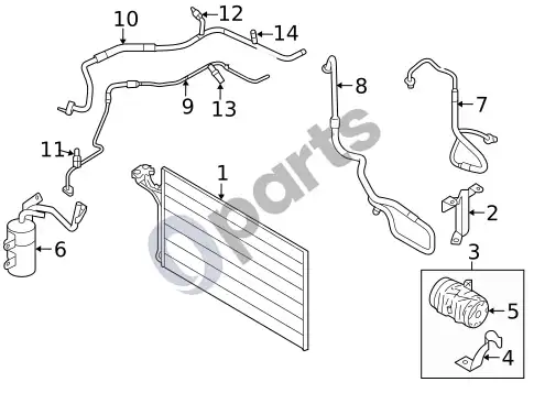 Volvo S40 kondensatorius, kompresorius ir vamzdžiai (1) – schema