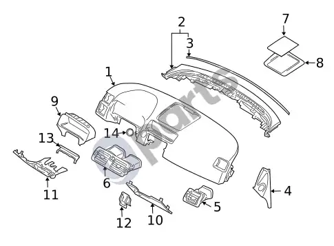 Volvo S40 prietaisų skydelio komponentai – schema