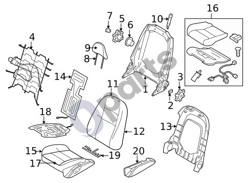 Volvo S40 (2004–2007) Šildomos sėdynės (1) schema – pozicija 2: Sėdynės atlošo pasvirimo reguliavimo rankenėlė, priekinė (Manual seats. 2005-06 manual seat. 2005-09 manual seat, passenger side. Adjust knob. Without power. Manual seat upper components. Recline knob.)