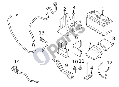 Volvo S60 (2011–2013) Akumuliatorius schema – pozicija 5: Akumuliatoriaus dangtis, priekinis (Front. Battery cover. 3.0l, 2.0l. All. 3.2l & 3.0l.)