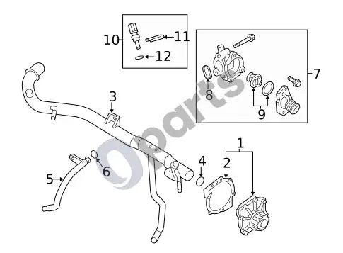 Volvo S60 vandens siurblys ir susiję komponentai – schema
