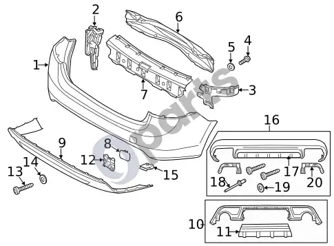 Volvo S60 bamperis ir komponentai - galas – schema