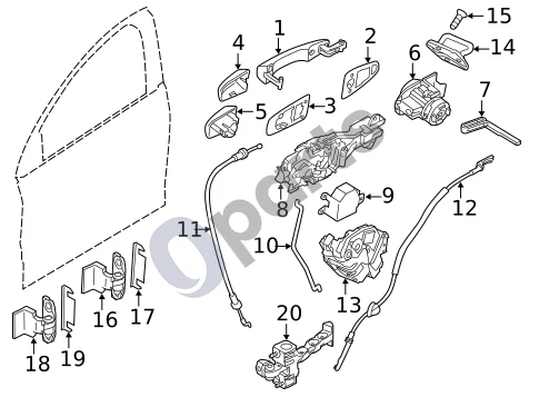 Volvo S60 (2011–2013) Durys (1) schema – pozicija 20: Durų ribotuvas, kairysis