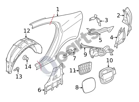 Volvo S60 galinis sparnas ir komponentai – schema