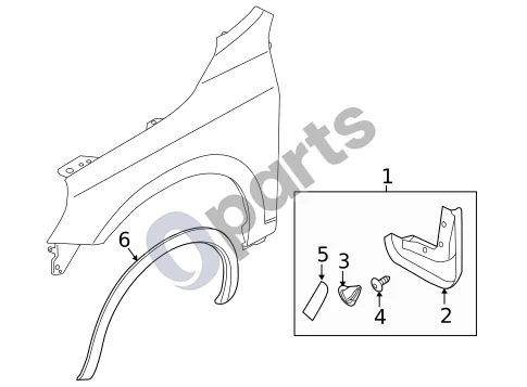 Volvo S60 (2011–2013) Išorinė apdaila - sparnas schema – pozicija 2: Purvasaugis, dešinysis