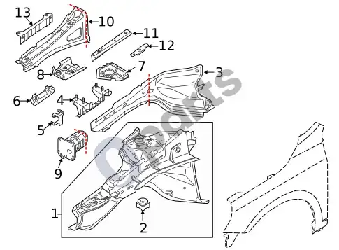 Volvo S60 konstrukciniai elementai ir sijos – schema