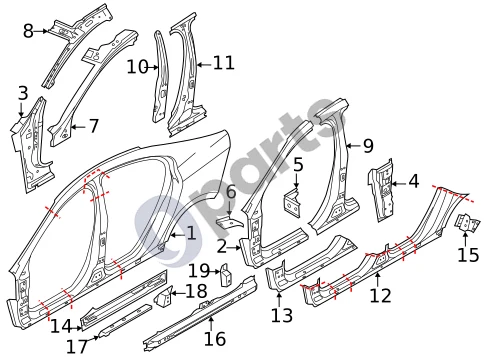 Volvo S60 (2011–2013) Durų stulpelis schema – pozicija 6: Apatinis kronšteinas, kairys