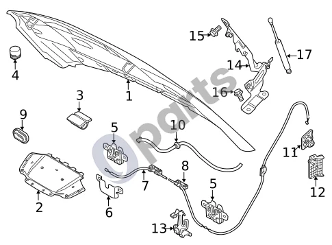 Volvo S60 (2011–2013) Variklio dangtis schema – pozicija 5: Užrakto mechanizmas, kairys (S60. V60. With alarm. Left.)