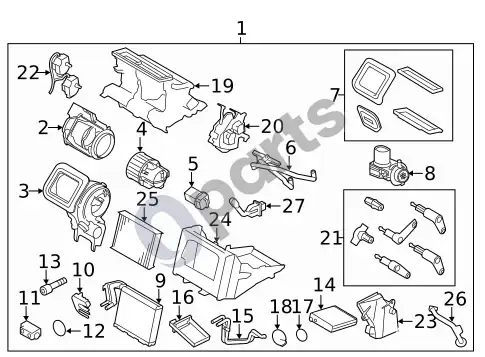 Volvo S60 temperatūros valdymo įtaisai ir susiję komponentai – schema