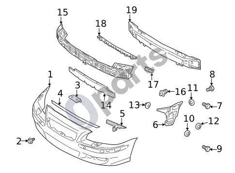 Volvo S60 bamperis ir komponentai - priekinis (1, 2005 2 5T) – schema