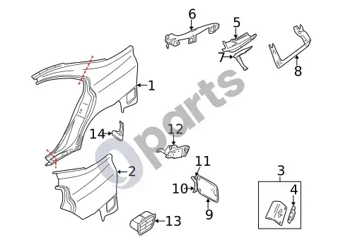 Volvo S60 galinis sparnas ir komponentai – schema