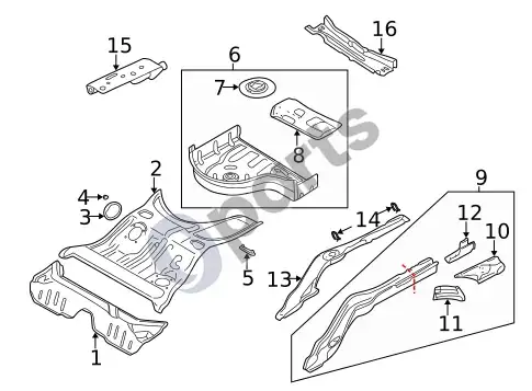 Volvo S60 galinė grindų dalis ir sijos – schema