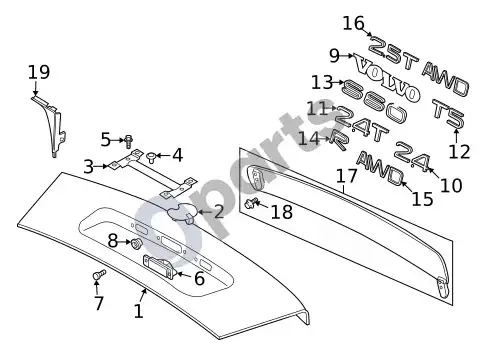 Volvo S60 išorinė apdaila – bagažinė – schema